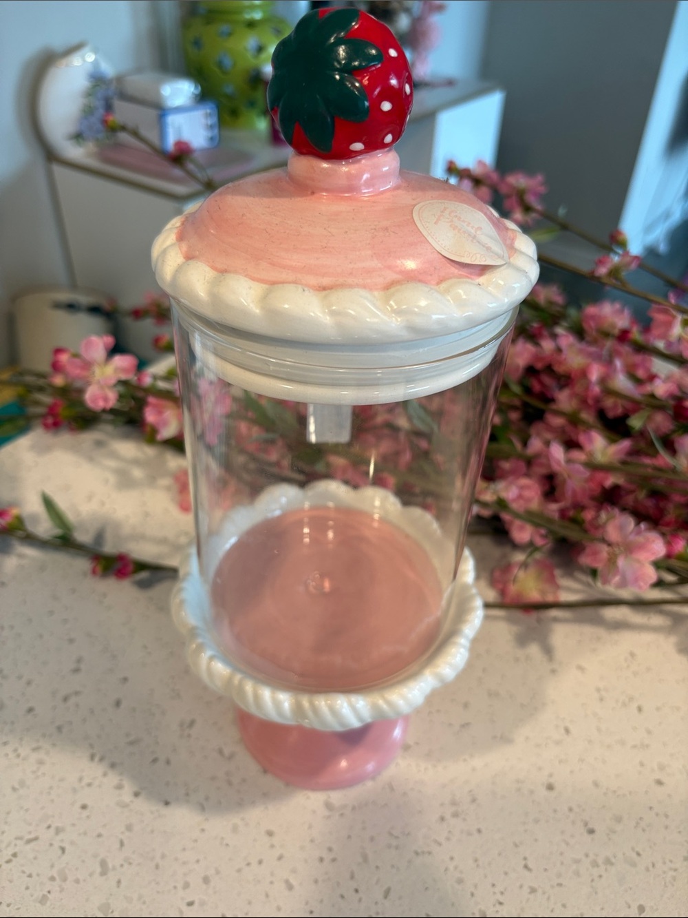 Strawberry-Topped Pink & White Candy Jar